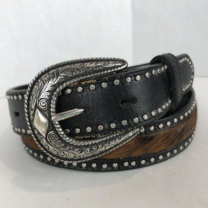 Bad Girl black leather, studded, pony hair accent belt Size M